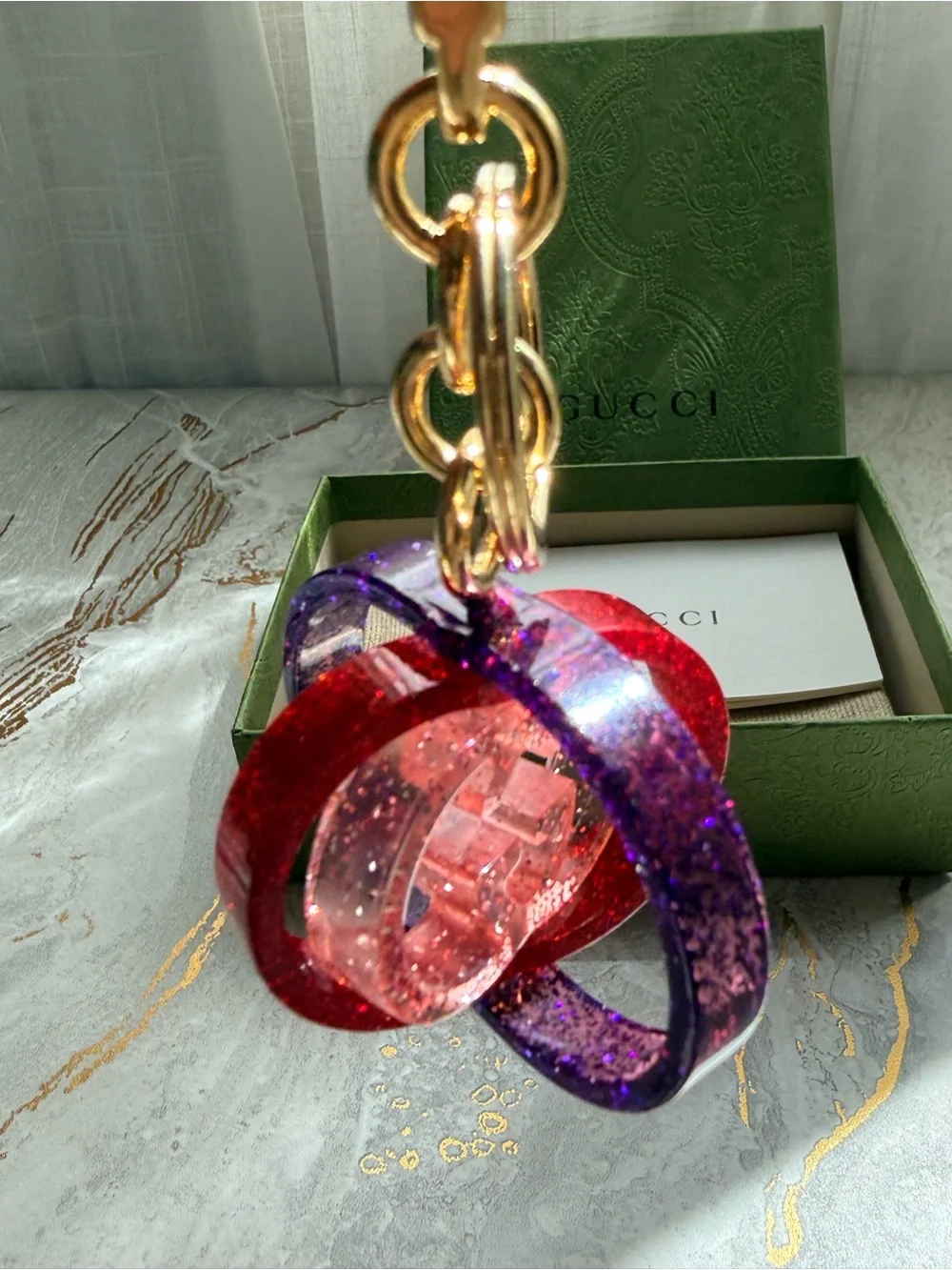 Gucci Interlocking G Glitter Resin Keychain Bag Charm Purple Red Pink Gold